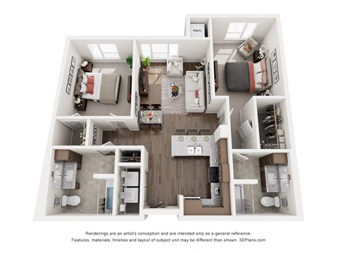 Floor plan for 2 beds, 2 baths, 1021 sqft
